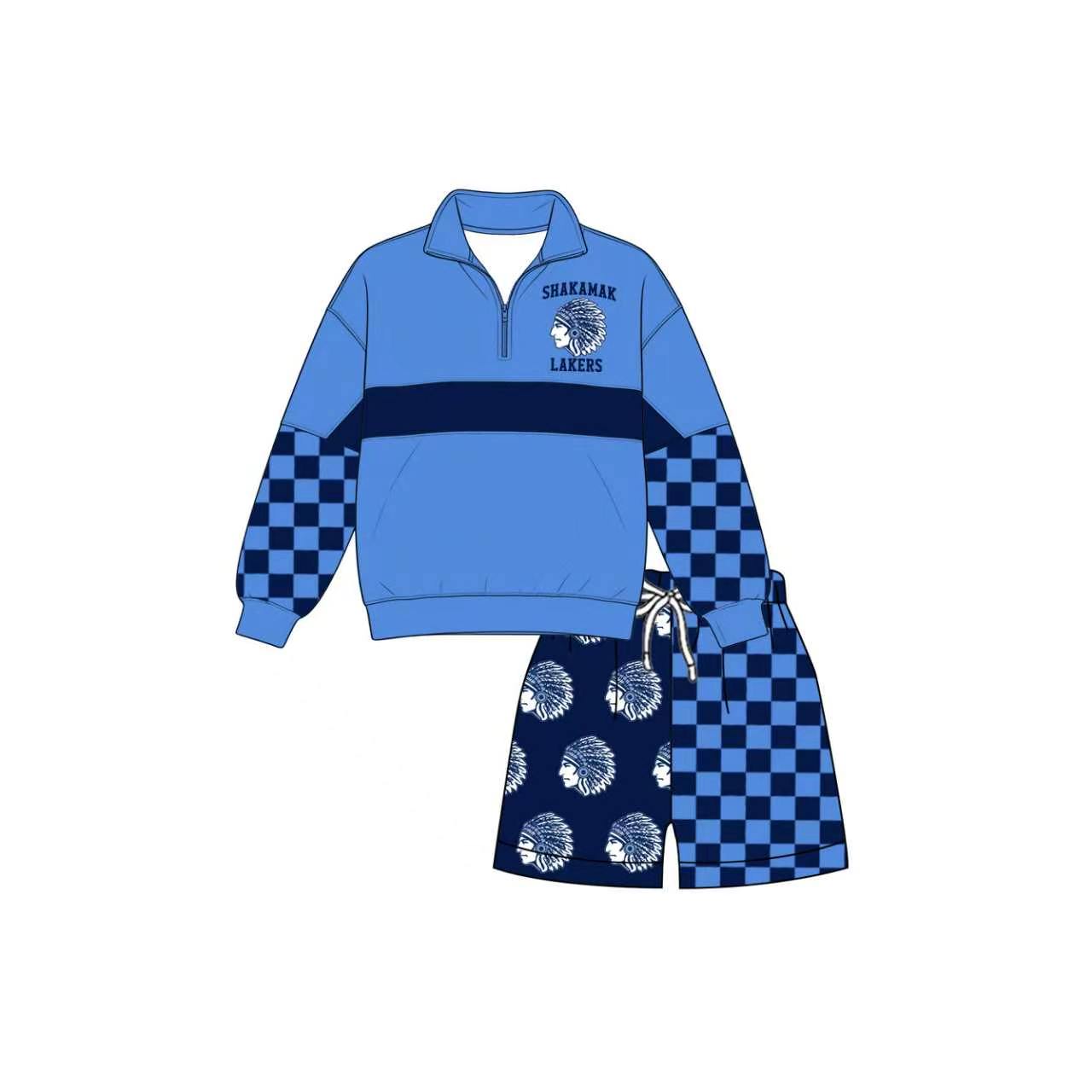 (Custom Design Preorder MOQ 5)  Teams Shakamak Lakrs Blue Print Kids & Adult Long Sleeve Zipper Top Pockets Shorts Clothes Set