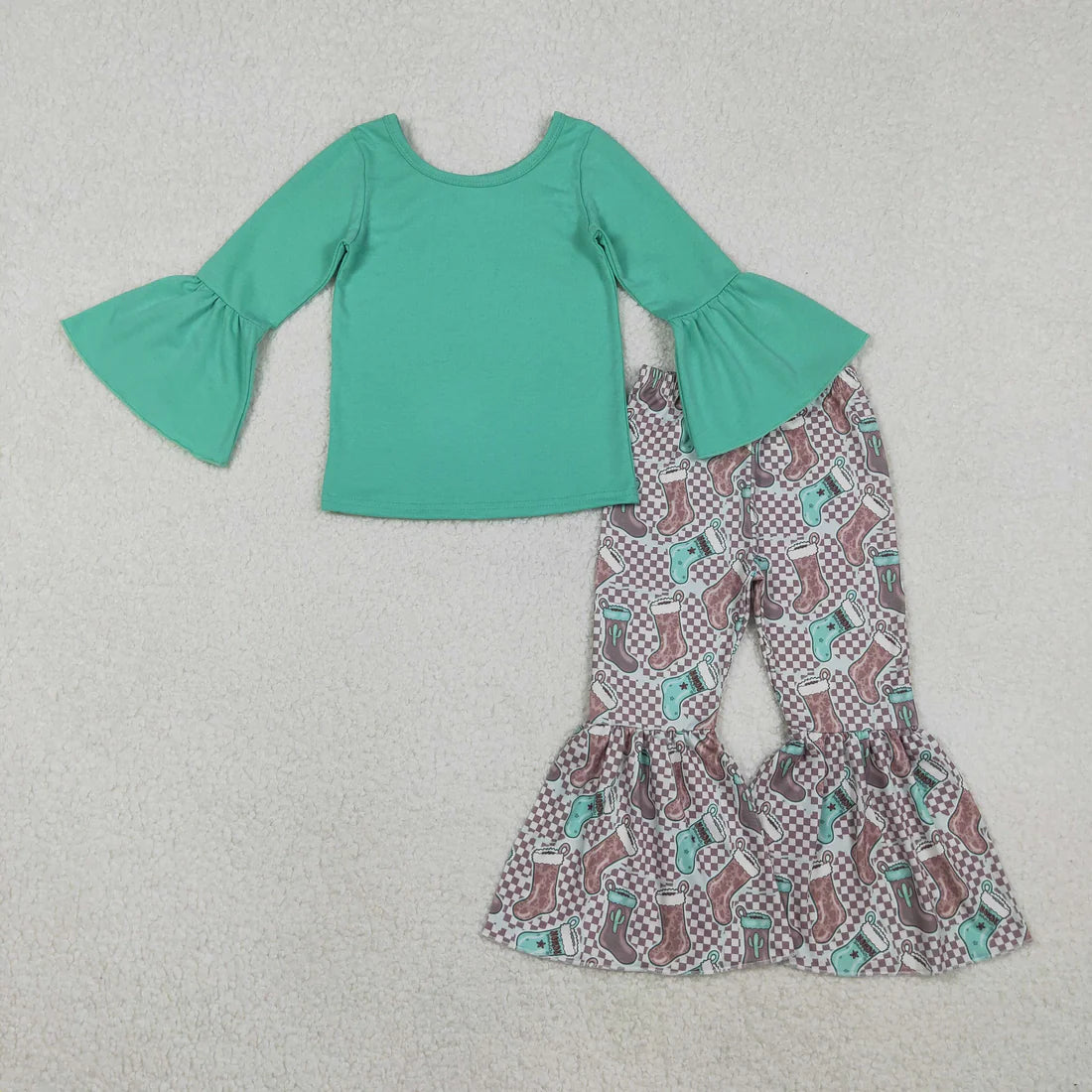 Sibling Baby Girls Bell Sleeve Shirts Top Boots Santa Bell Bottom Pants Christmas Clothes Sets