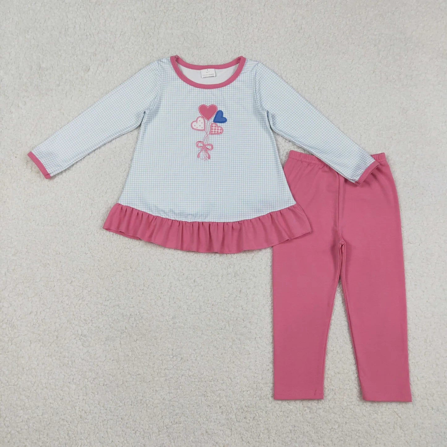 Embroidery  Heart Blue Gingham Long Sleeve Tunic Top with Pink Leggings Valentines Outfit