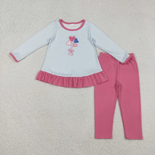 Embroidery  Heart Blue Gingham Long Sleeve Tunic Top with Pink Leggings Valentines Outfit