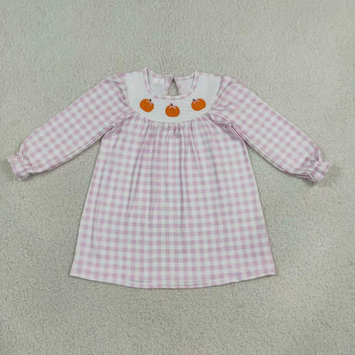 Sibling Baby Girls  Embroidery Pumpkin Gingham Long Sleeve Smocked Dress and Bubble Romper