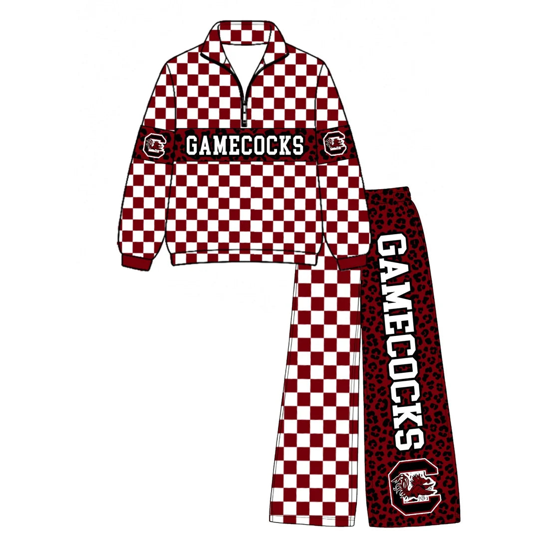 (Custom Design Preorder MOQ 5) Baby Boys Maroon Checked Leopard Gamecocks Zip Pullover Pockets Pants Team Clothes Sets