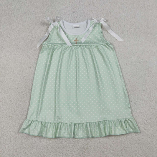 GSD2860 Baby Girls Green Polka Dots Cross Easter Ruffle Knee Length Dresses