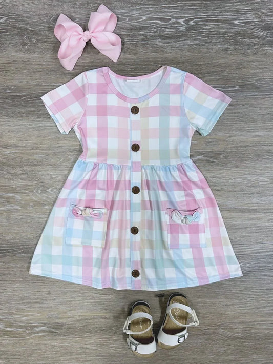 GSD0296 Baby Girls Pink Plaid Short Sleeve Pocket Knee Length Dresses 5.5