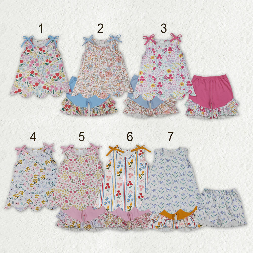 Sibling Baby Girls Colorful Flowers Scallop Tunic Ruffle Short Clothes Sets