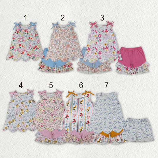 Sibling Baby Girls Colorful Flowers Scallop Tunic Ruffle Short Clothes Sets