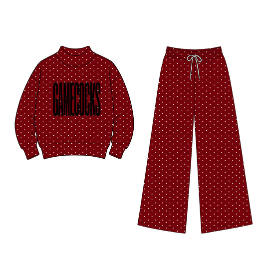 (Custom Design Preorder MOQ 5 Each) Teams Gamecocks Polka Dot Mock Necks Top Pockets Pants Girls & Woman Clothes Set
