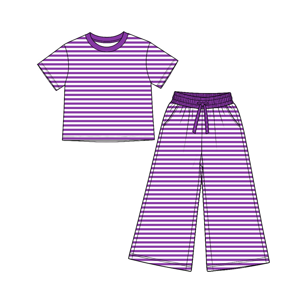 (Custom Design Preorder MOQ 5)Kids Girls Purple Striped Short Sleeve Top Pants Outfit
