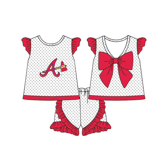 Preorder (moq 5)Baby Girls A Braves Polka Dots Back Bow Tunic Ruffle Shorts Team Clothes Sets