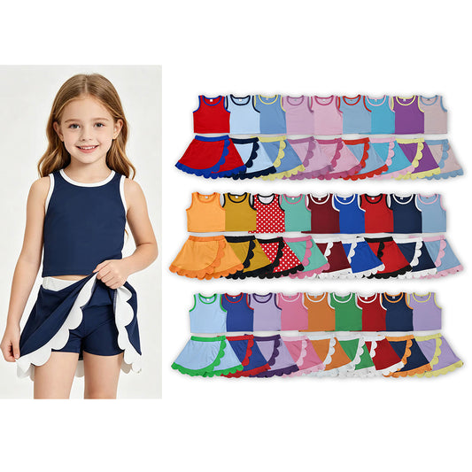 27 Solid Colors Tank Top Scallop Edge Skort Baby Girls Active Clothes Set Sisters Yoga Outfits