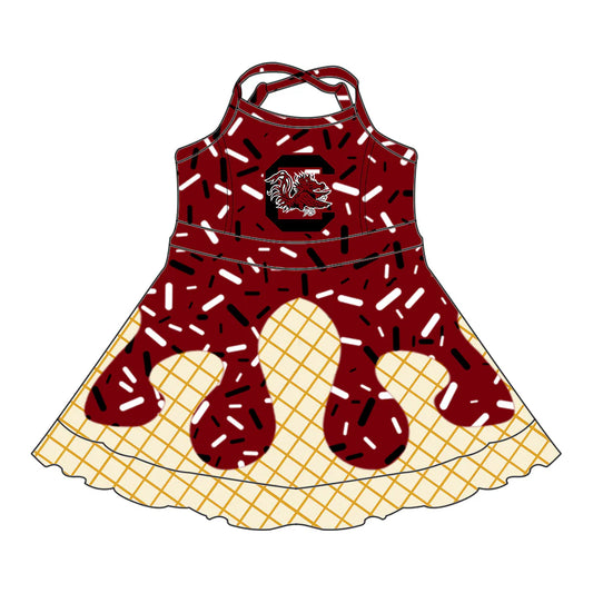 (Custom Preorder MOQ 5) Baby Girls Drip Sprinkles South Carolina Team Shorts Ruffle Knee Length Dress