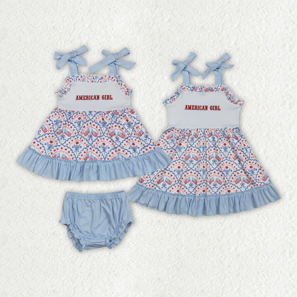 Sibling Baby Embroidery American Girls Bow Flags 4th of July Ruffle Bummies Set Knee Length Dress