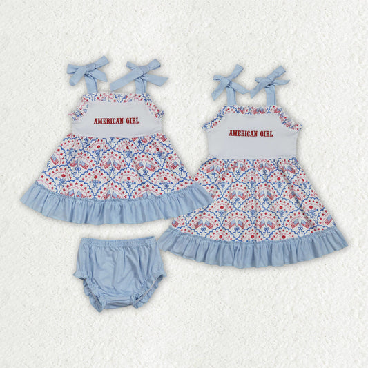 Sibling Baby Embroidery American Girls Bow Flags 4th of July Ruffle Bummies Set Knee Length Dress