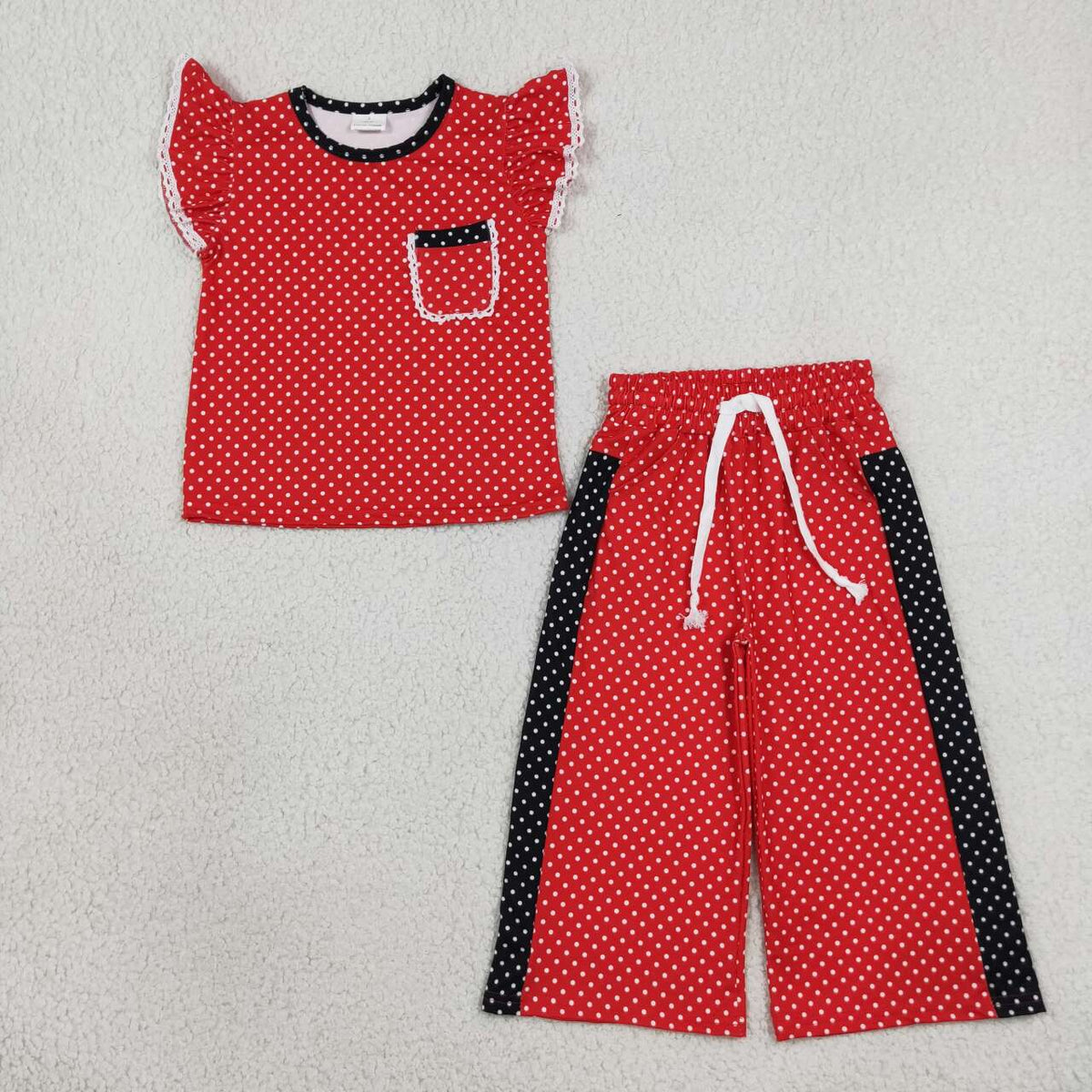 GSPO2370 Teams Red Polka Dot Ruffle Sleeve Top with Wide Leg Pants Girls Outfit