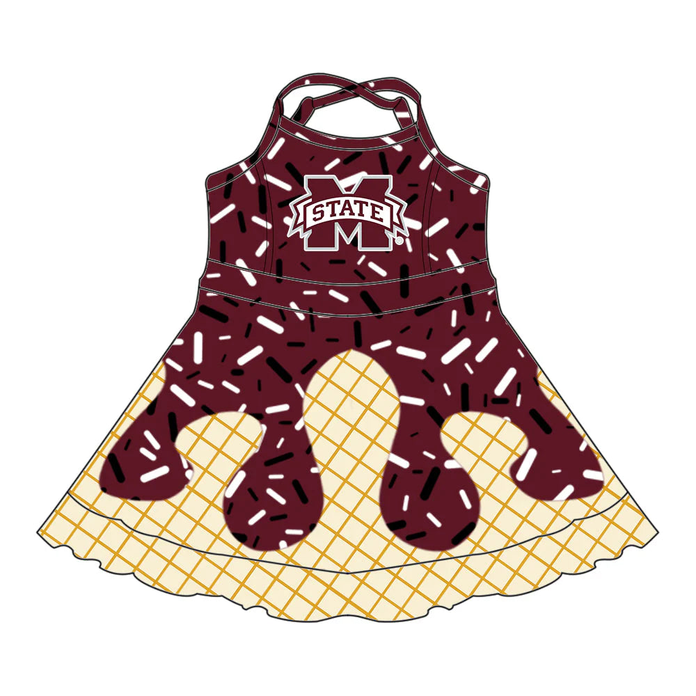 (Custom Preorder MOQ 5) Baby Girls Drip Sprinkles M State Team Shorts Ruffle Knee Length Dress
