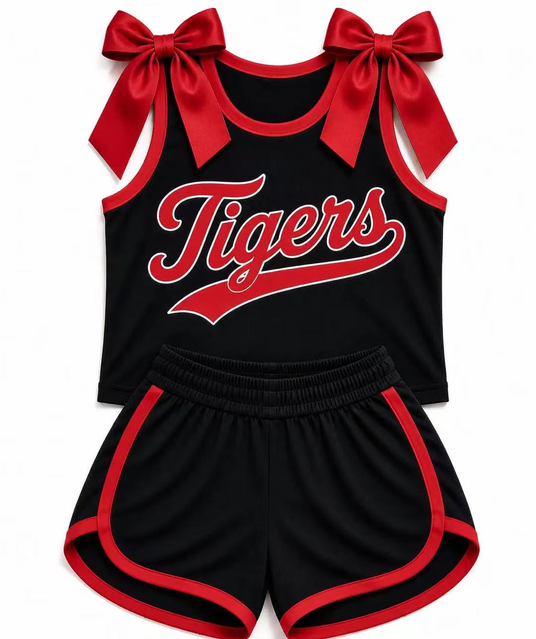 (Custom Design Preorder MOQ 5) Girls Red Bow Black StrapTigers Tank  & Shorts Sport Team Outfit