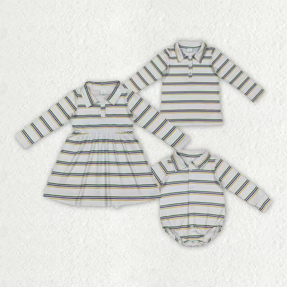 Sibling Baby Boys Girls Mardigras Stripe Button Knee Length Dress Polo Shirts Top Rompers