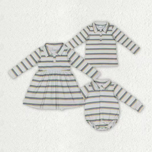 Sibling Baby Boys Girls Mardigras Stripe Button Knee Length Dress Polo Shirts Top Rompers