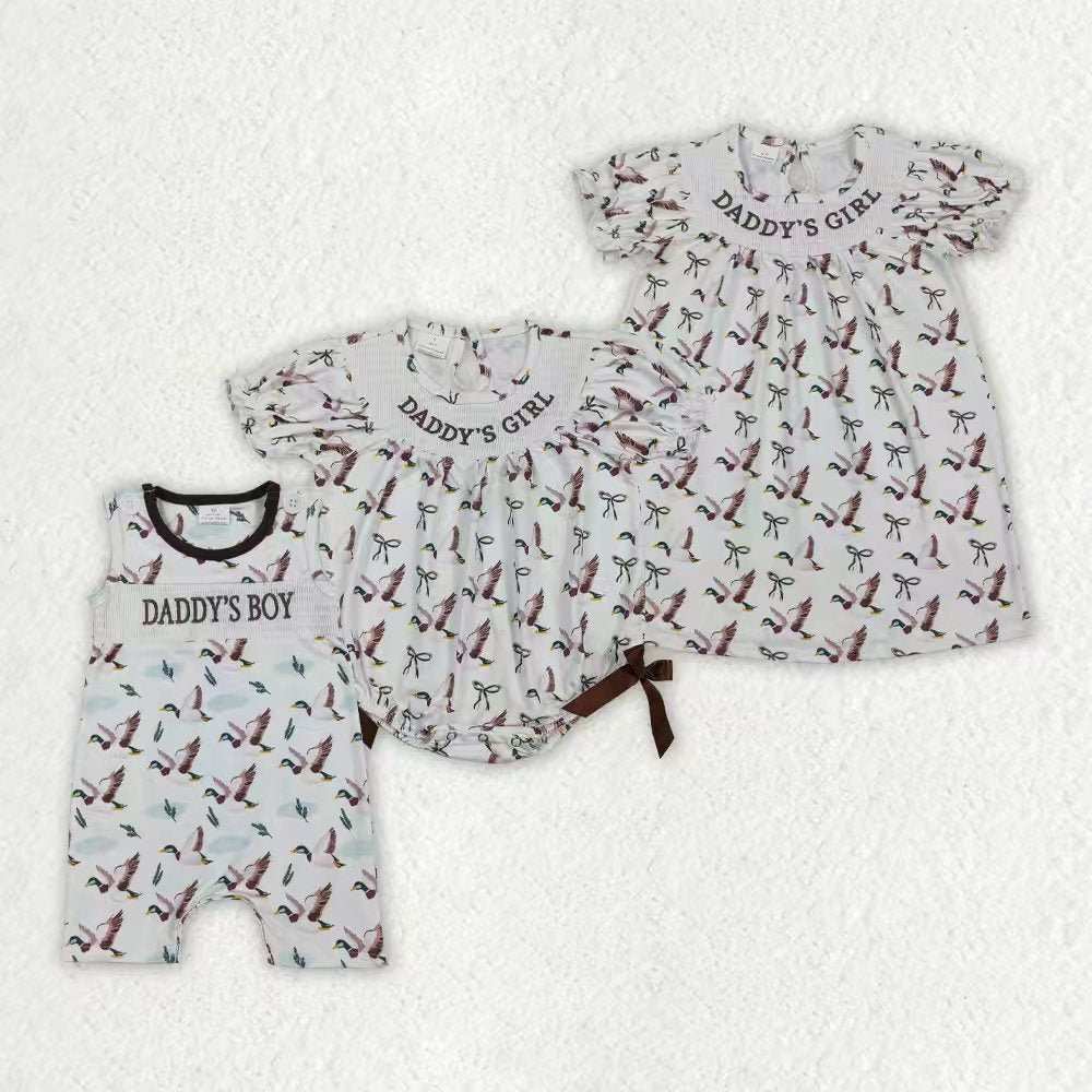 Sibling Smocked Daddy's Girl Baby Girls Bows Ducks Hunting Knee Length Dress Rompers