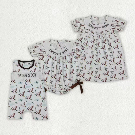 Sibling Smocked Daddy's Girl Baby Girls Bows Ducks Hunting Knee Length Dress Rompers