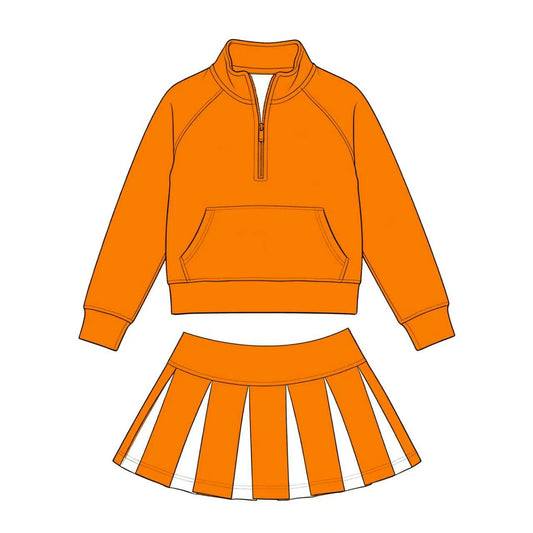 (Custom Design Preorder MOQ 5) Kids Girls Sport Team Orange Long Sleeve Pullover Top with Skort Outfit