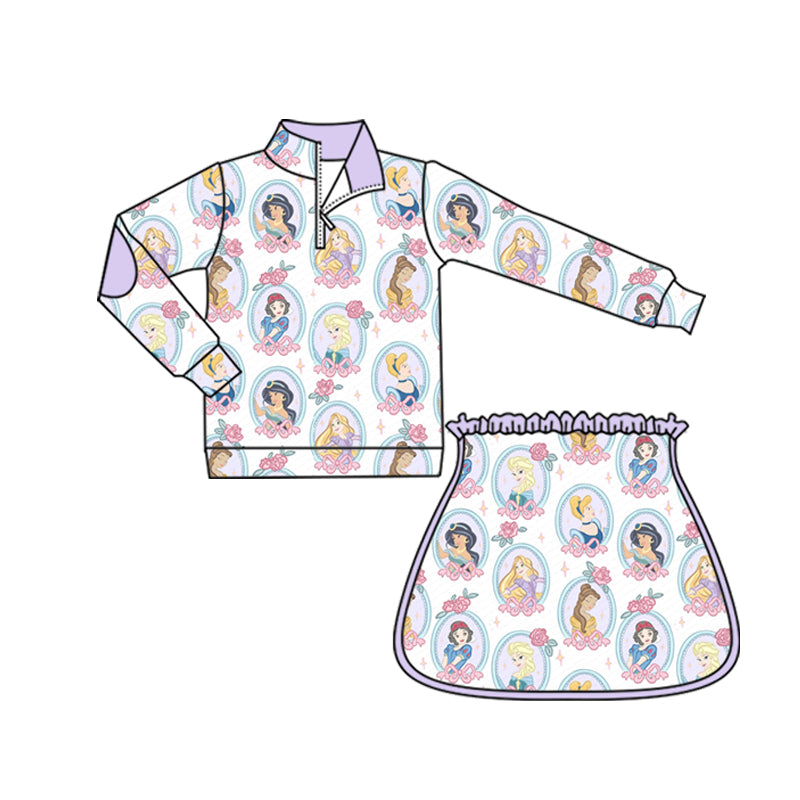 (Custom Design Preorder MOQ 5) Cartoon Princess Flowers Bows Zipper Pullover Top Skort Girls Clothes Set