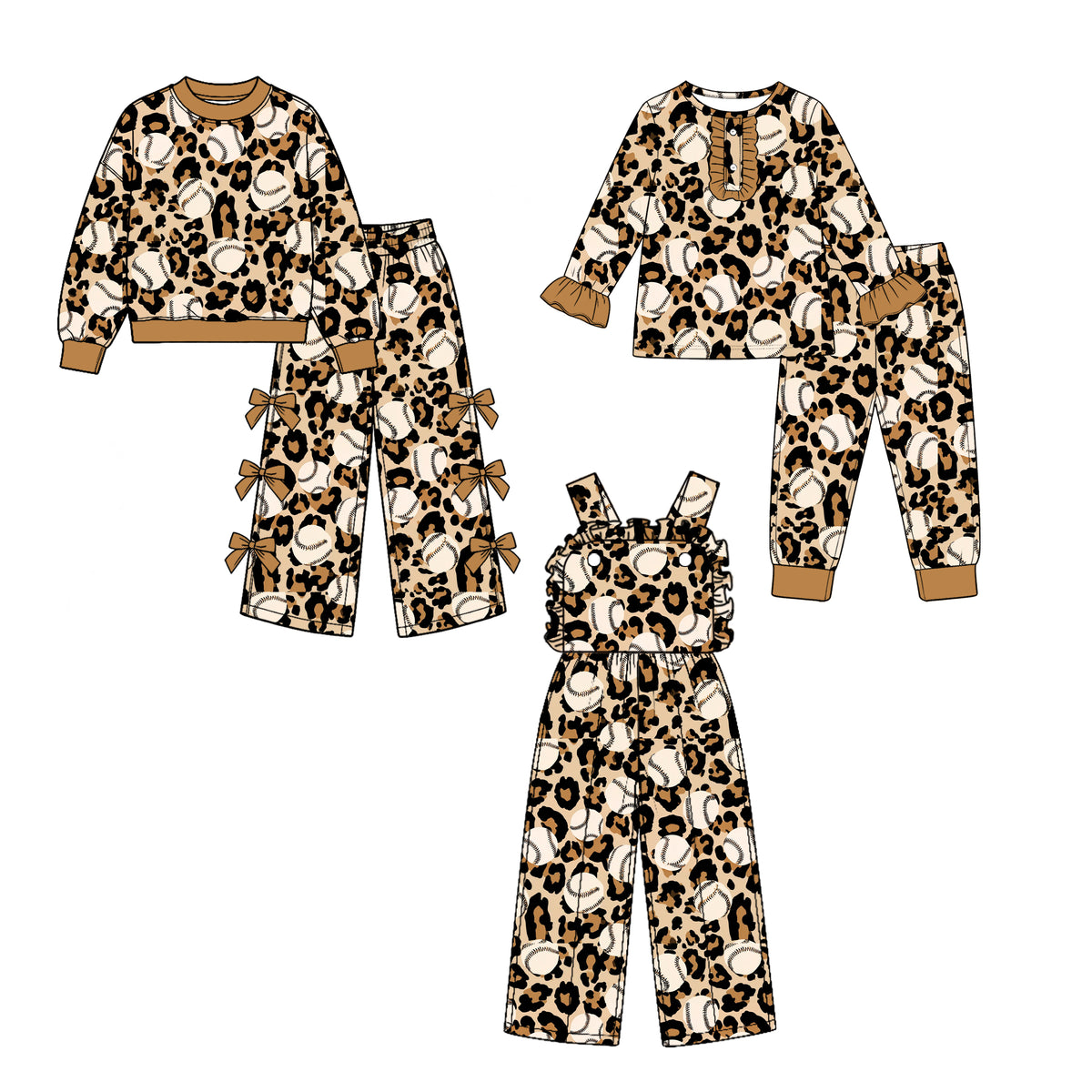(Custom Design Preorder MOQ 5 Each) Baseball Leopard Print Girls Clothes Set Sisters Wear