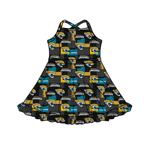 (Custom  Preorder MOQ 5) Teams Jaguars Black Print Girls Strap Ruffle Knee Length Yoga Dress