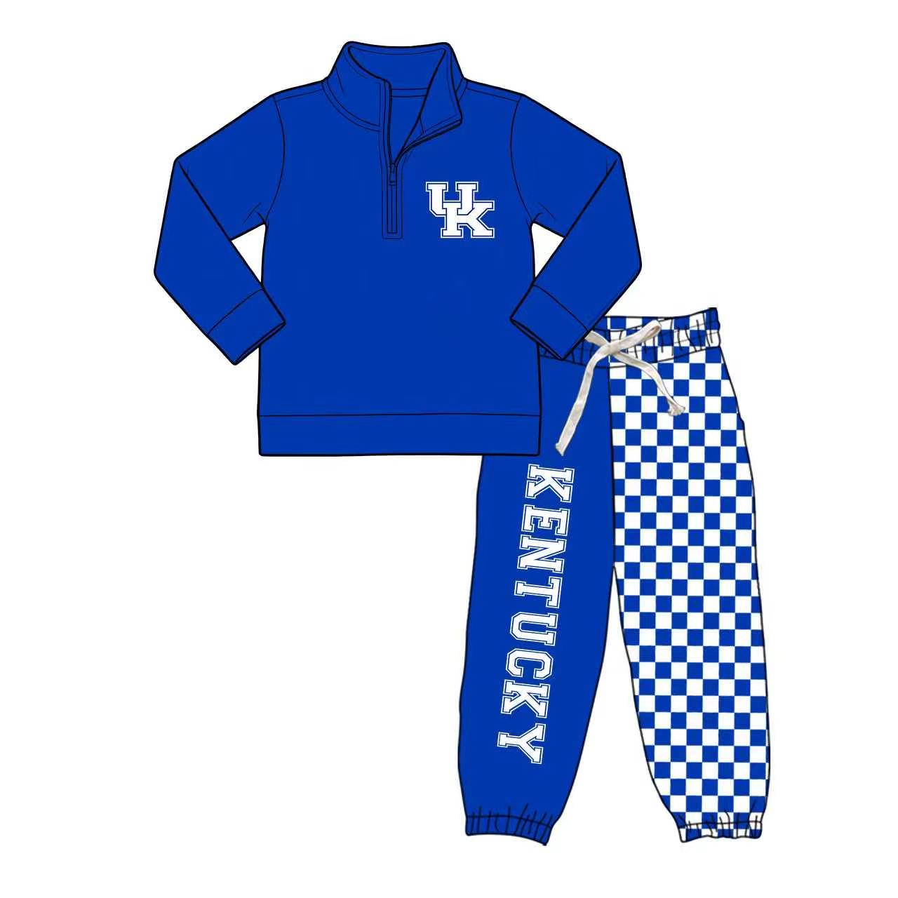 (Custom Design Preorder MOQ 5) Teams Kentucky Blue Zipper Pullover Top Joggers Pants Boys Fall Clothes Set