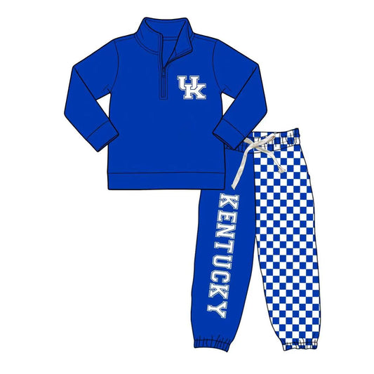 (Custom Design Preorder MOQ 5) Teams Kentucky Blue Zipper Pullover Top Joggers Pants Boys Fall Clothes Set