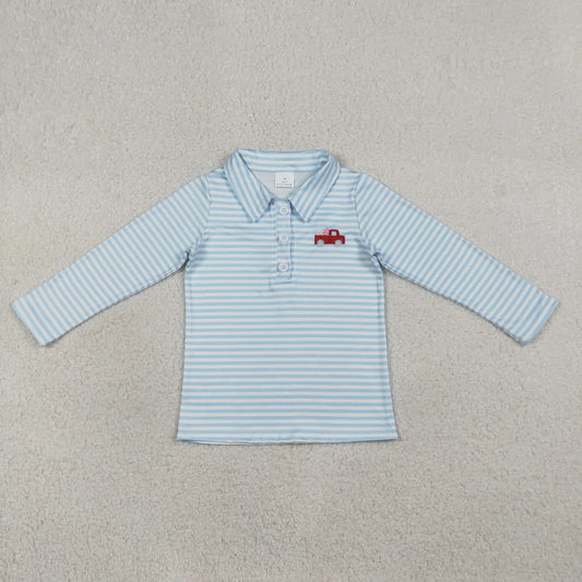 BT1573 Heart Trucks Embroidery Baby Boy Blue Striped Valentine Button Polo Shirts Top