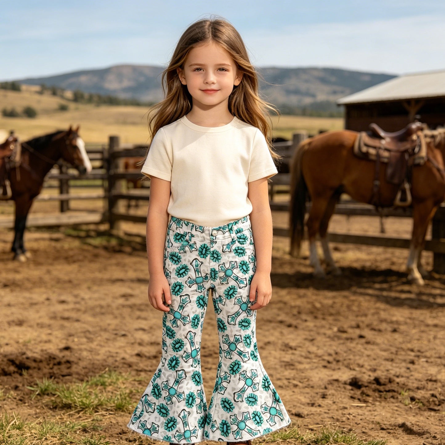 Boho Western Cowgirl Bell Bottoms, Turquoise Cross Leopard Print Flare Jeans for Girls