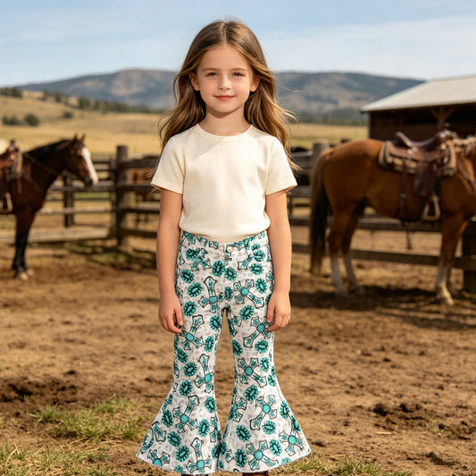 Boho Western Cowgirl Bell Bottoms, Turquoise Cross Leopard Print Flare Jeans for Girls