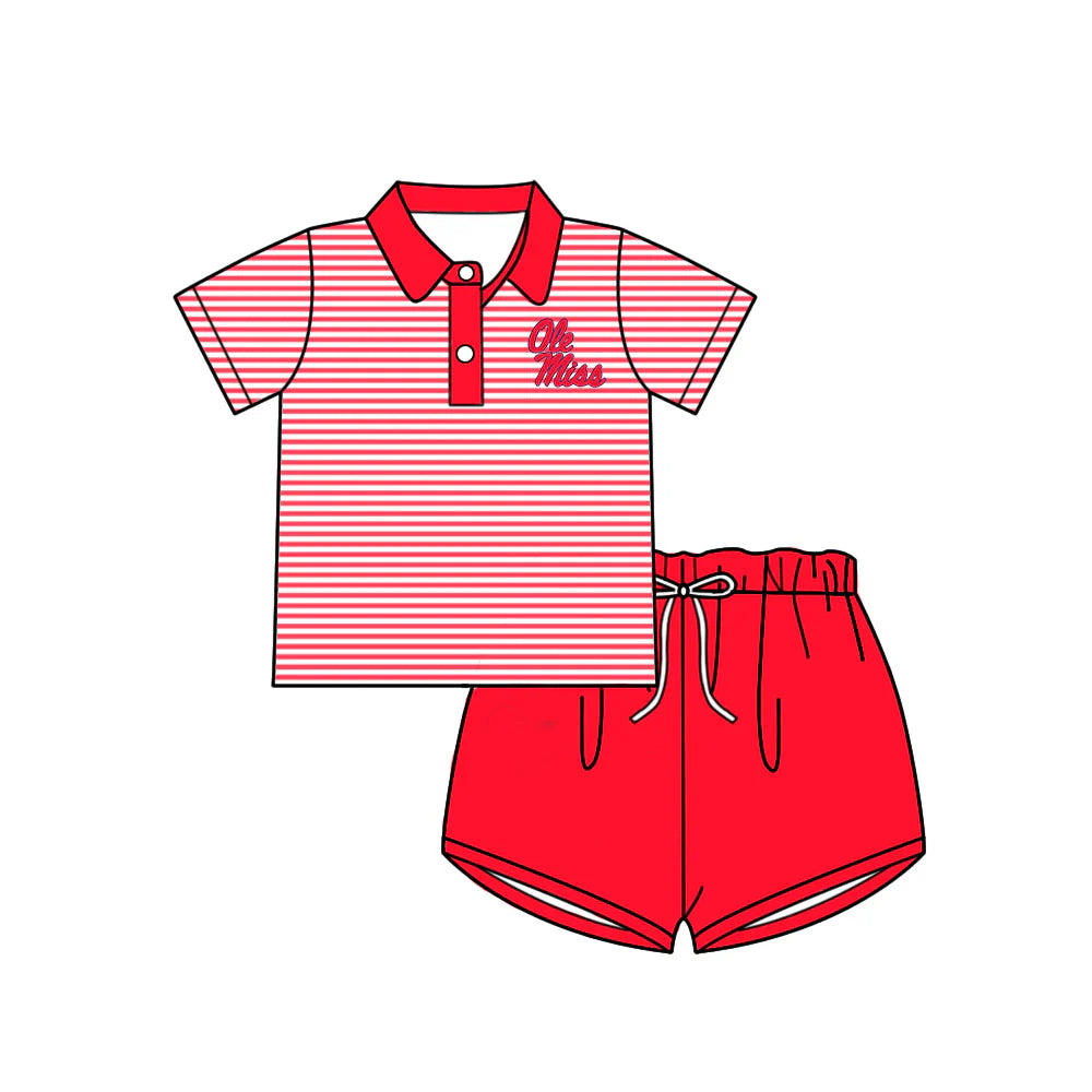 (Custom Design Preorder MOQ 5) Baby Girls Red Stripe Ole Miss Button Polo Top Shorts Team Clothes Sets