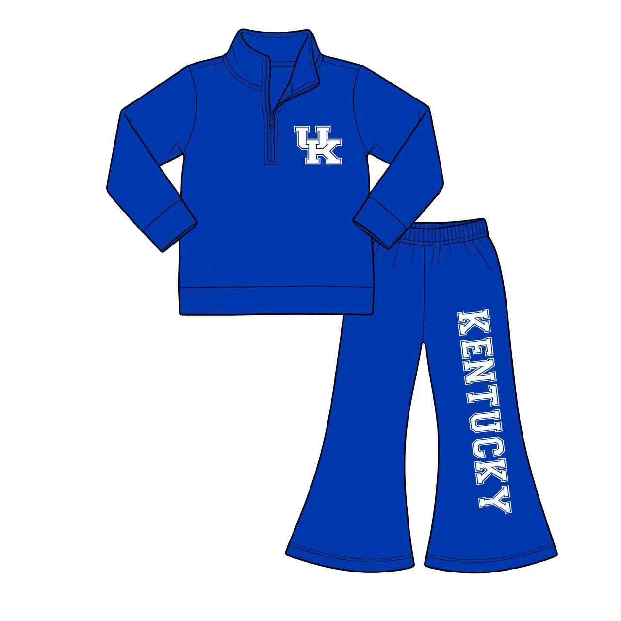 (Custom Design Preorder MOQ 5) Teams Kentucky Blue Zipper Pullover Top Bell Pants Girls Fall Clothes Set