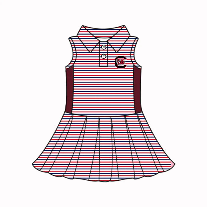 (Custom Design Preorder MOQ 5) Baby Girls Red Stripe South Carolina Button Team Knee Length Dresses