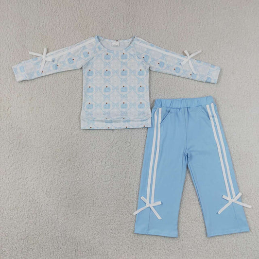 GLP3351 Blue Pumpkin Bows Top Straight Pants Girls Fall Clothes Set