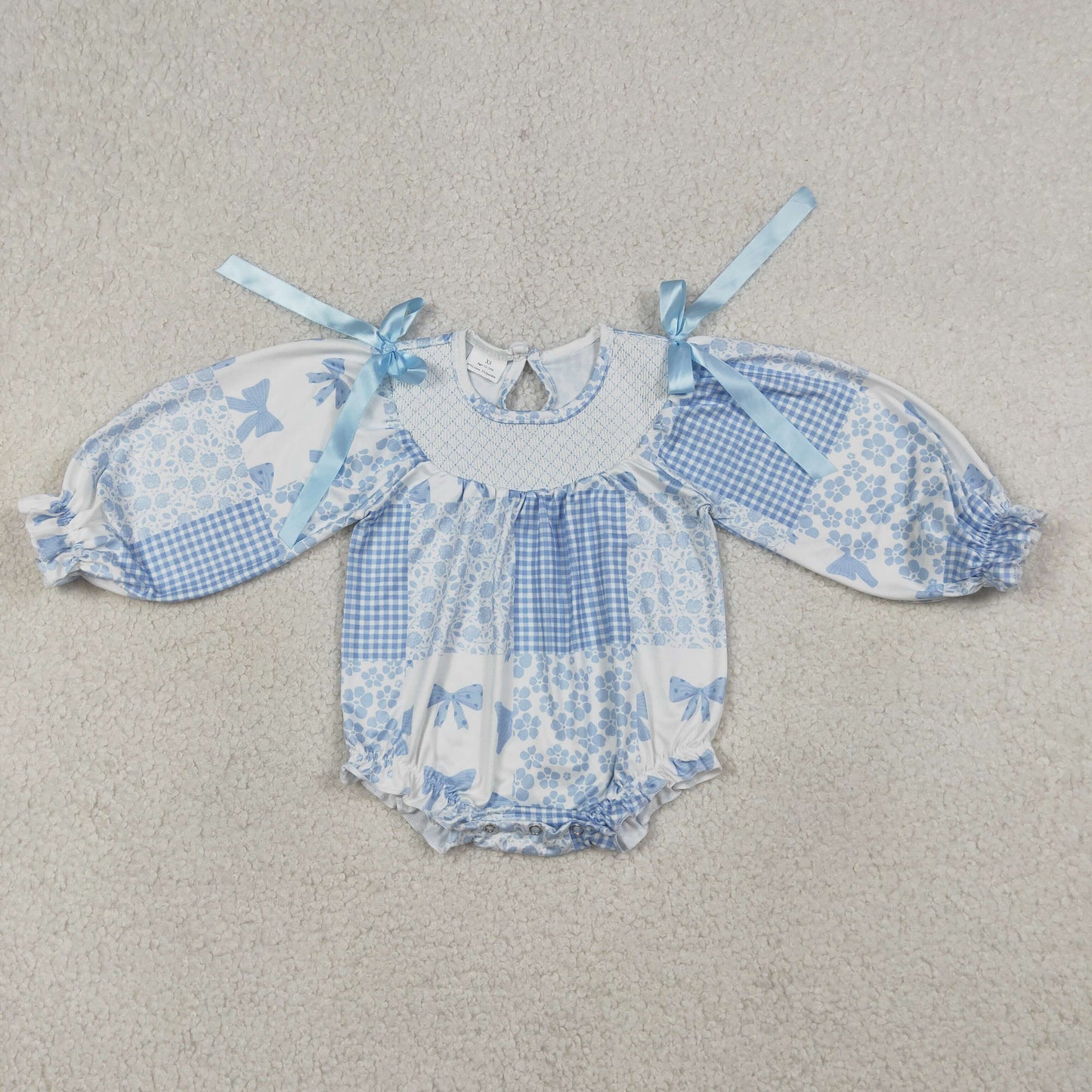 LR2931 Baby Girls Blue Bow Flowers patch  Long Sleeve Smocked Bubble Romper