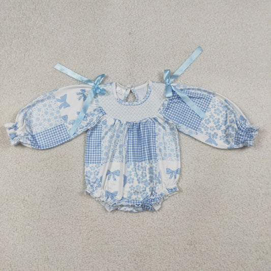 LR2931 Baby Girls Blue Bow Flowers patch  Long Sleeve Smocked Bubble Romper