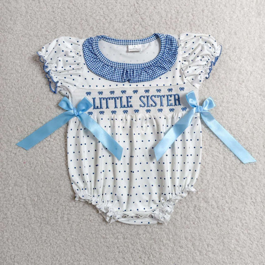 SR3981 Little Sister Embroidery Dots Print Baby Girls Summer Smocked Romper