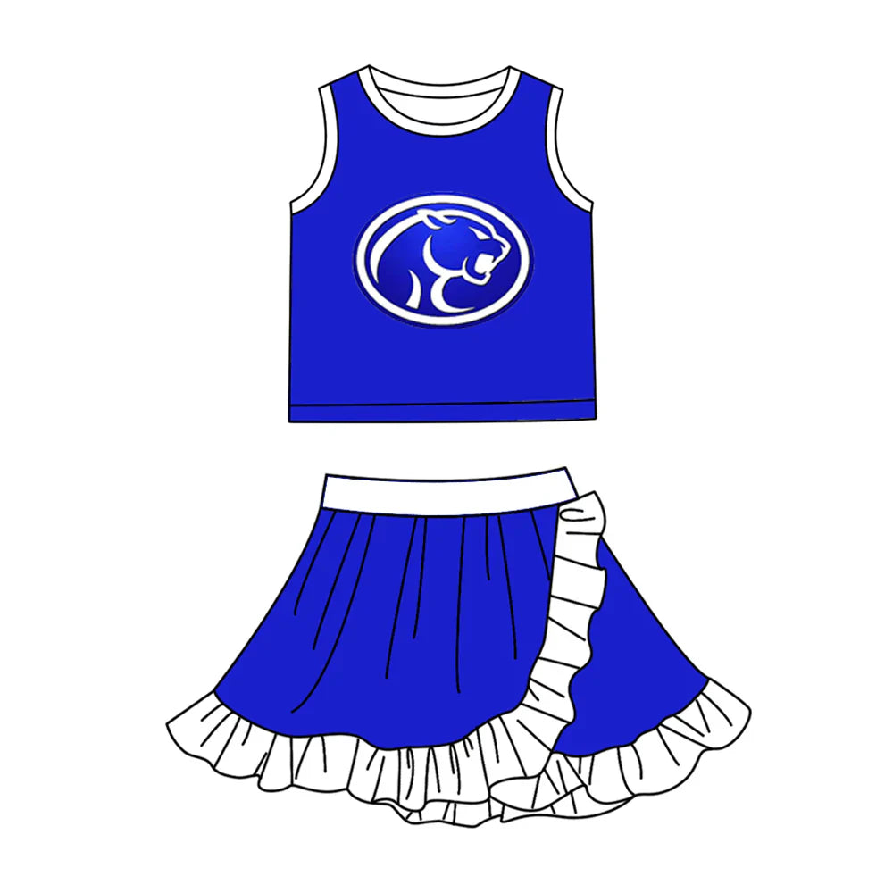 (Custom  Preorder MOQ 5) Baby Girls Blue Cougars Vest Top Ruffle Skirt Short Team Clothes Sets