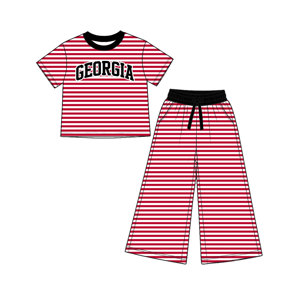 (Custom Design Preorder MOQ 5 Each)Teams Stripes Print Short Sleeve Top Straight Pockets Pants Girls Clothes Set Sisters Wear