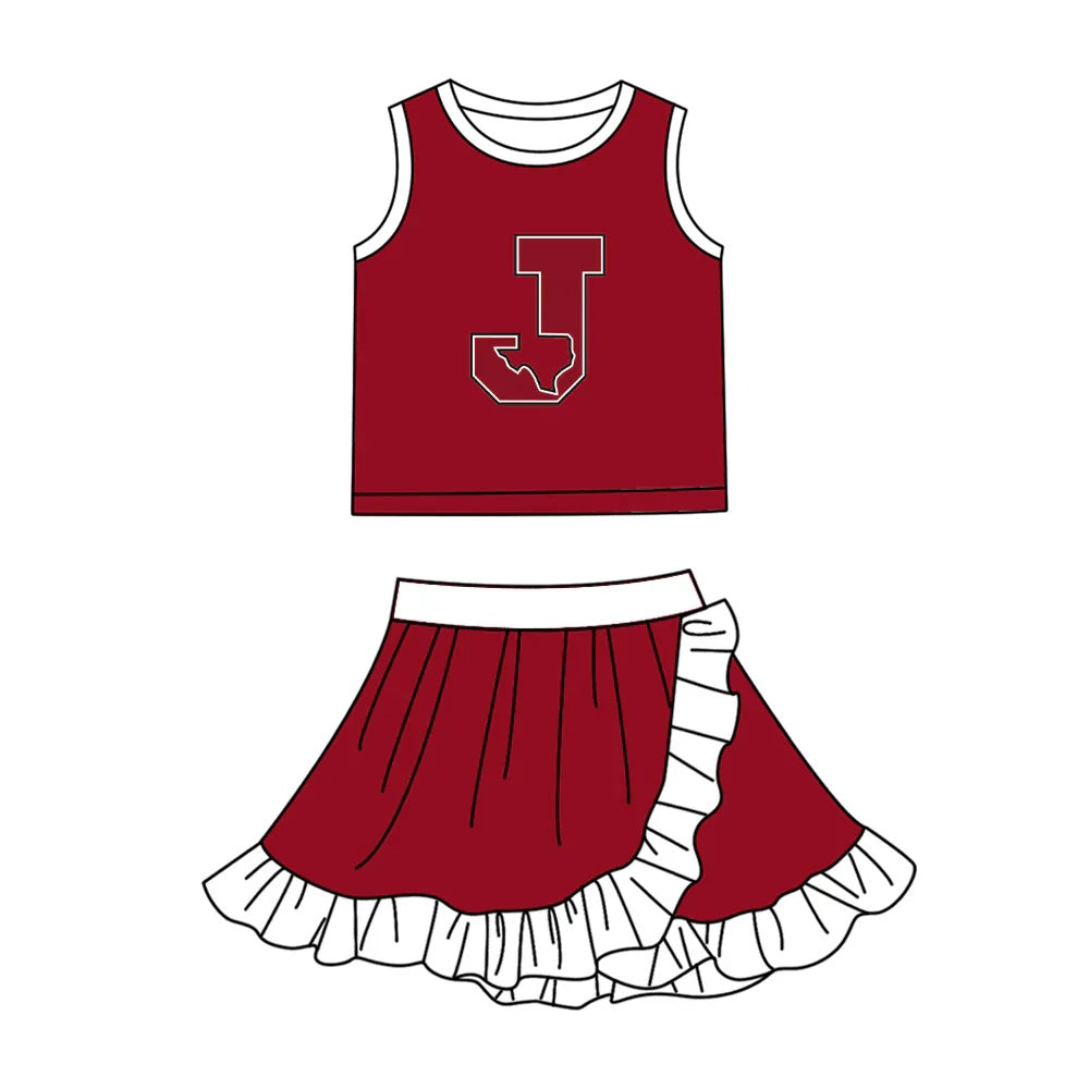 Preorder (moq 5) Toddler Maroon Texas State J Letter Sleeveless Tank & Ruffle Pleated Skirt Matching Cheer Set