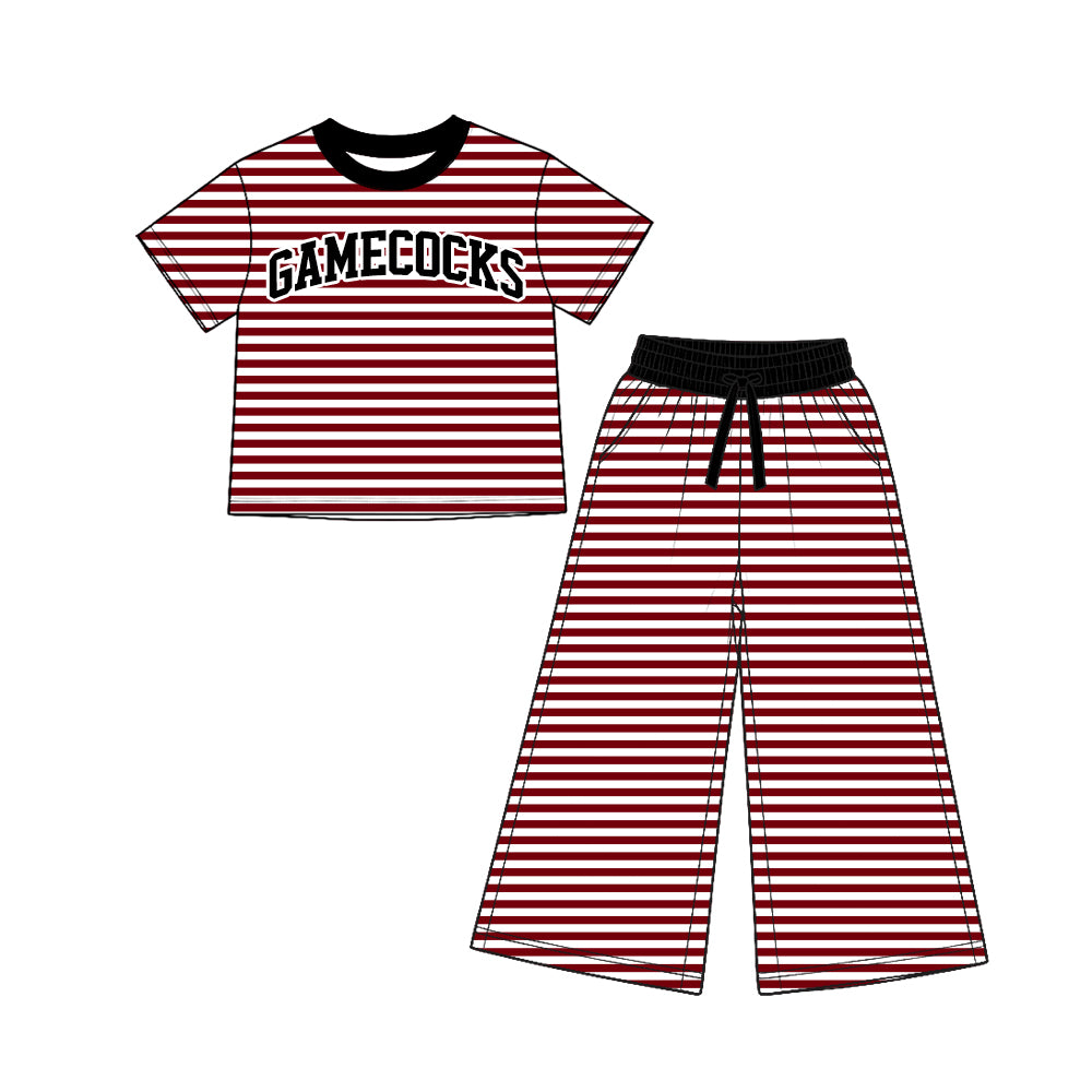 (Custom Design Preorder MOQ 5 Each)Teams Stripes Print Short Sleeve Top Straight Pockets Pants Girls Clothes Set Sisters Wear
