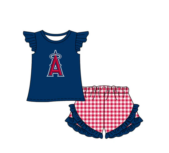 (Custom  Preorder MOQ 5) Baby Girls Los Angeles Angels Top Checked Ruffle Short Team Outfit