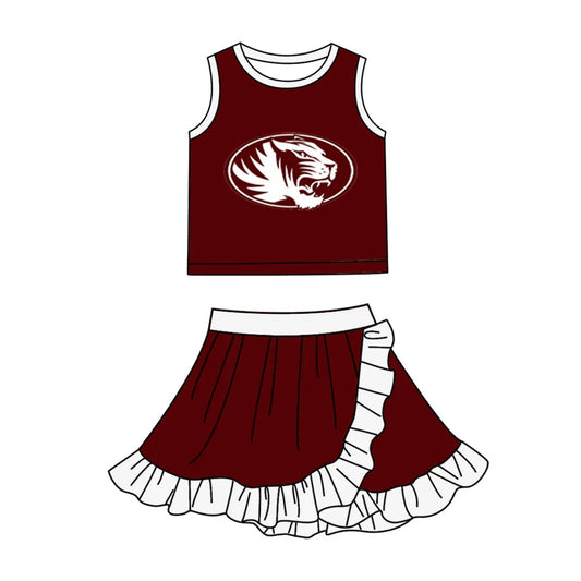 Preorder (moq 5) Girls Tiger Mascot Maroon White Ruffle Trim Tank Top & Pleated Skirt Game Day Cheer Outfit Set
