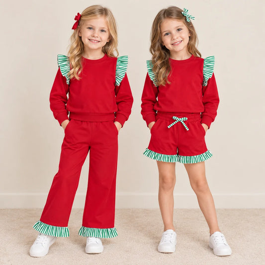Sibling Kids Girls Red Long Sleeve Top with Pants and Shorts Outfit