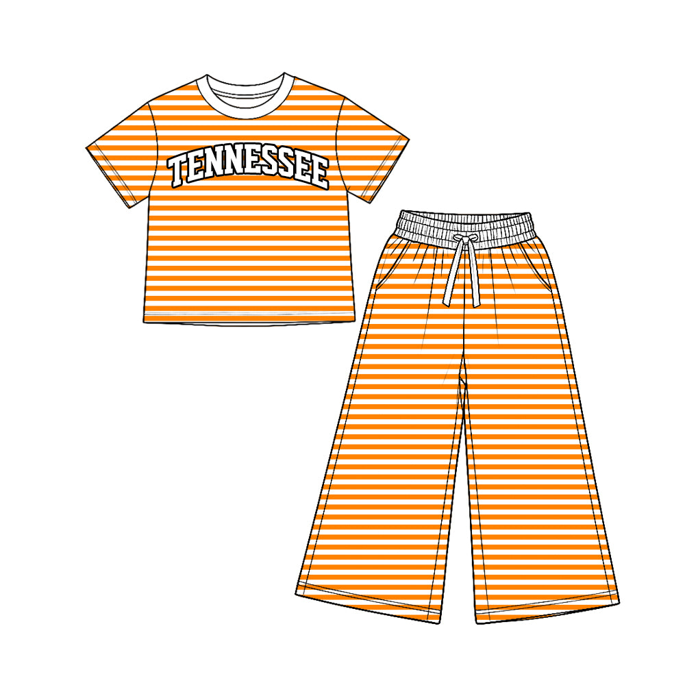 (Custom Design Preorder MOQ 5 Each)Teams Stripes Print Short Sleeve Top Straight Pockets Pants Girls Clothes Set Sisters Wear