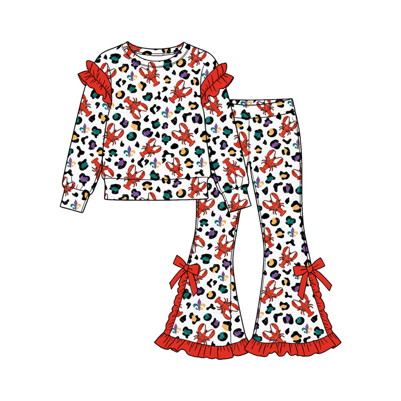 (Custom Design Preorder MOQ 5 Each) Crayfish Colorful Leopard Print Girls Mardi Gras Clothes Set Sisters Wear
