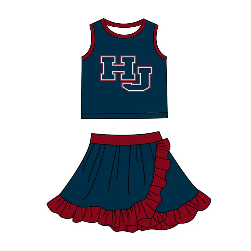 Preorder (moq 5) Girls HJ Block Letter Navy Red Ruffle Trim Tank Top & Pleated Skirt Game Day Cheer Outfit Set
